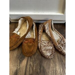 Old Navy Moccasin Slippers Women's Brown Gold Glitter Cozy‎ House Shoes Lot of 2
